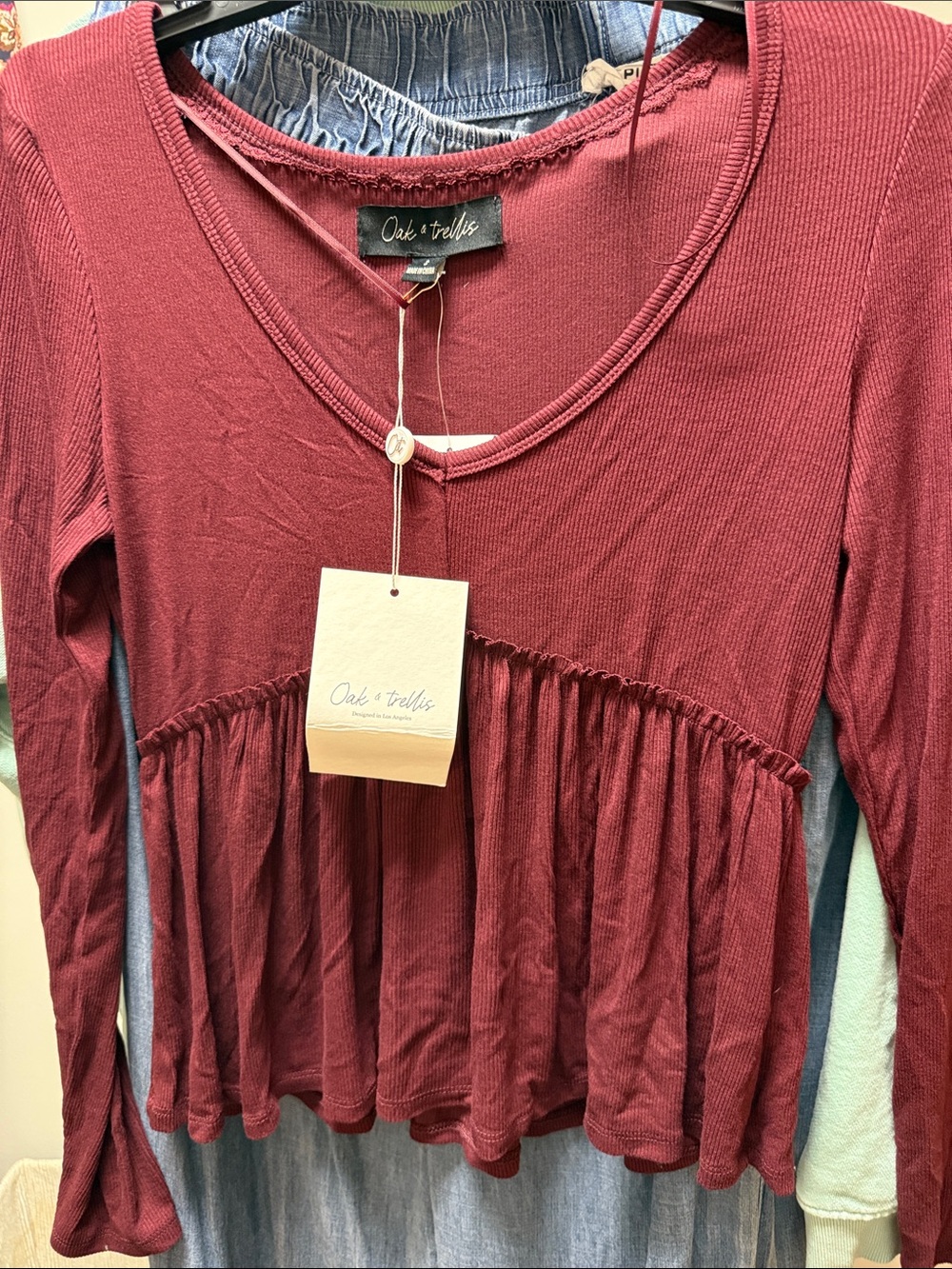 Oak + Twigs Burgundy Long-Sleeve Peplum Top